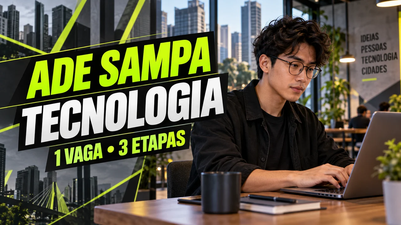 Capa ilustrativa: ADE SAMPA. TECNOLOGIA. 1 VAGA • 3 ETAPAS