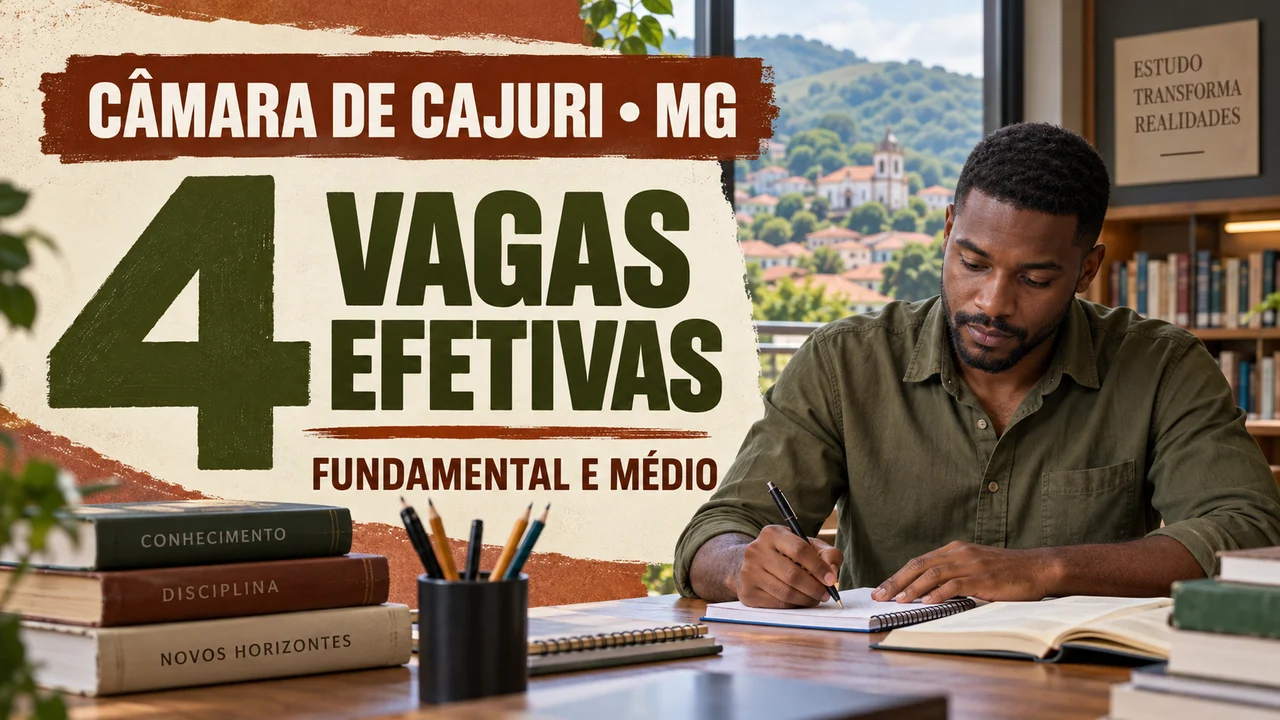 Capa ilustrativa: CÂMARA DE CAJURI • MG. 4 VAGAS EFETIVAS. FUNDAMENTAL E MÉDIO