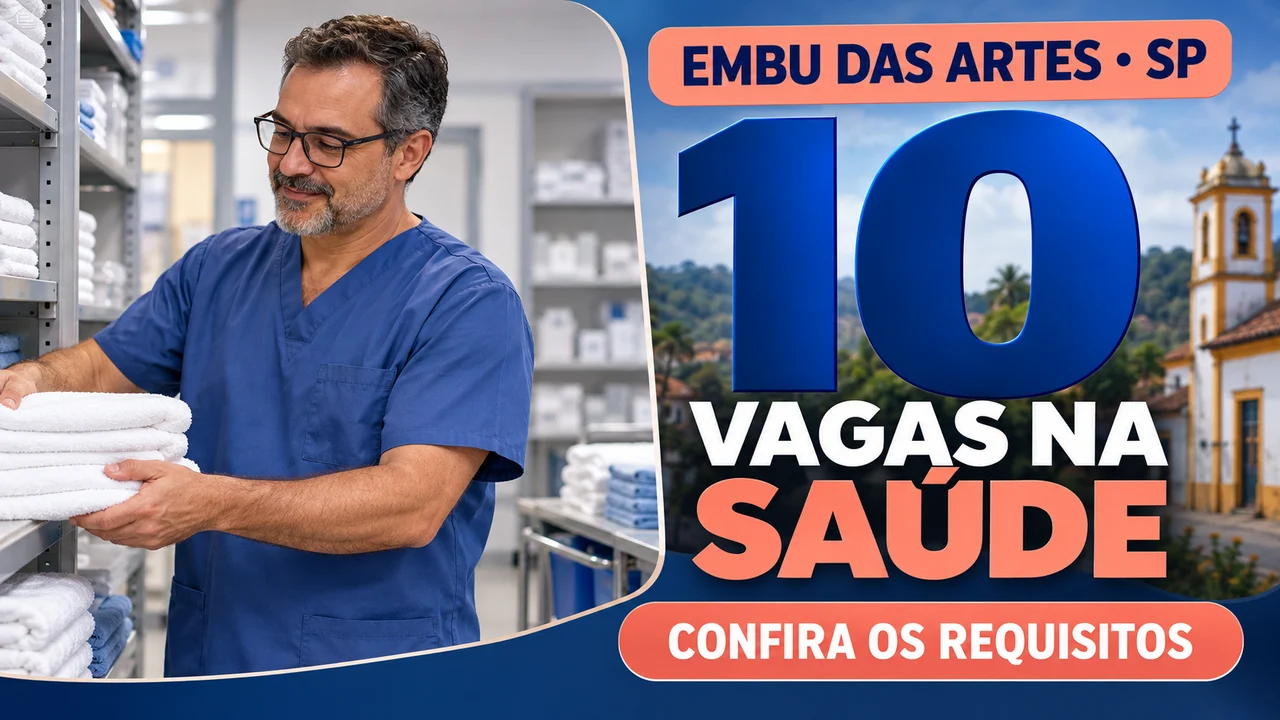 Capa ilustrativa: EMBU DAS ARTES • SP. 10 VAGAS NA SAÚDE. CONFIRA OS REQUISITOS