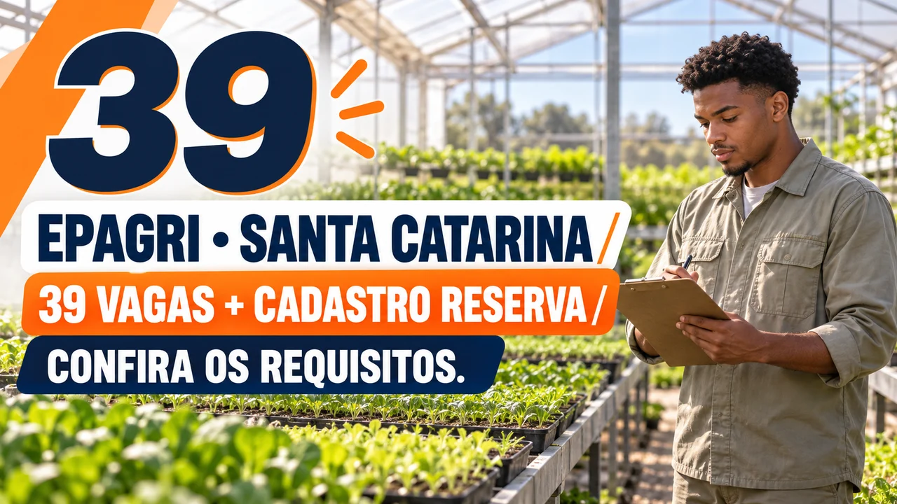 Capa ilustrativa: EPAGRI • SANTA CATARINA. 39 VAGAS + CADASTRO RESERVA. CONFIRA OS REQUISITOS