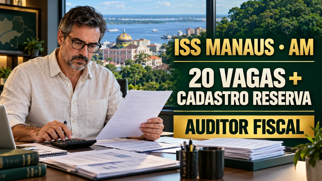 Capa ilustrativa: ISS MANAUS • AM. 20 VAGAS + CADASTRO RESERVA. AUDITOR FISCAL