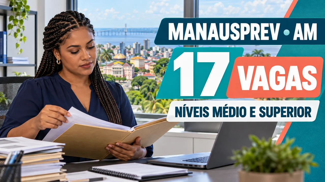 Capa ilustrativa: MANAUSPREV • AM. 17 VAGAS. NÍVEIS MÉDIO E SUPERIOR