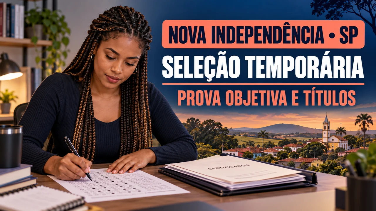 Capa ilustrativa: NOVA INDEPENDÊNCIA • SP. SELEÇÃO TEMPORÁRIA. PROVA OBJETIVA E TÍTULOS