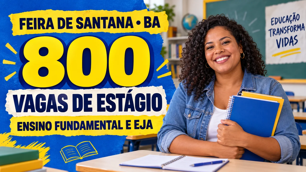 Capa ilustrativa: FEIRA DE SANTANA • BA. 800 VAGAS DE ESTÁGIO. ENSINO FUNDAMENTAL E EJA
