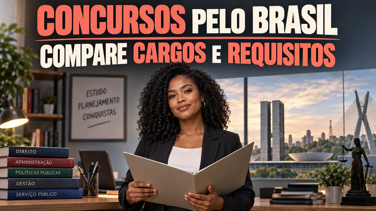 Capa ilustrativa: CONCURSOS PELO BRASIL. COMPARE CARGOS E REQUISITOS