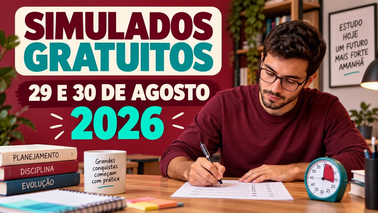 Capa ilustrativa: SIMULADOS GRATUITOS. 29 E 30 DE AGOSTO. 2026