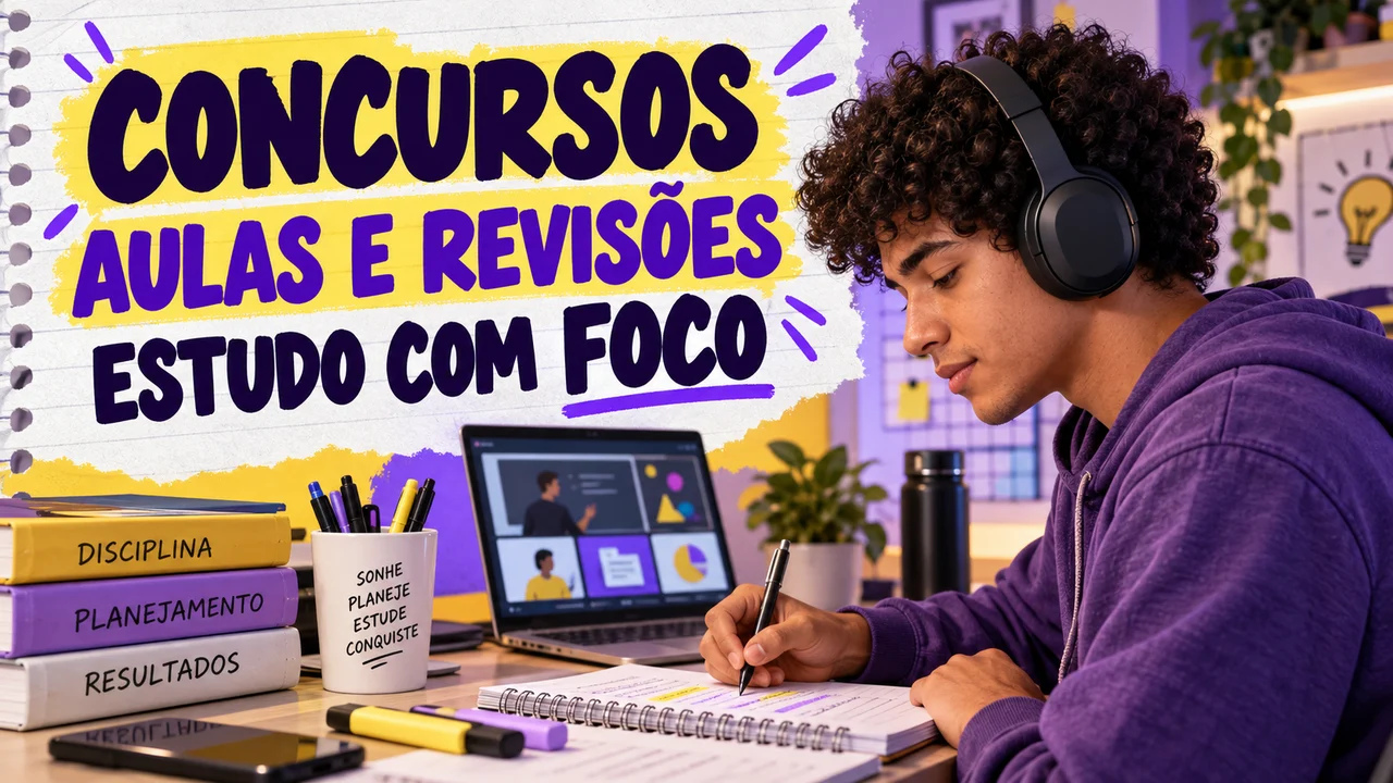 Capa ilustrativa: CONCURSOS. AULAS E REVISÕES. ESTUDO COM FOCO