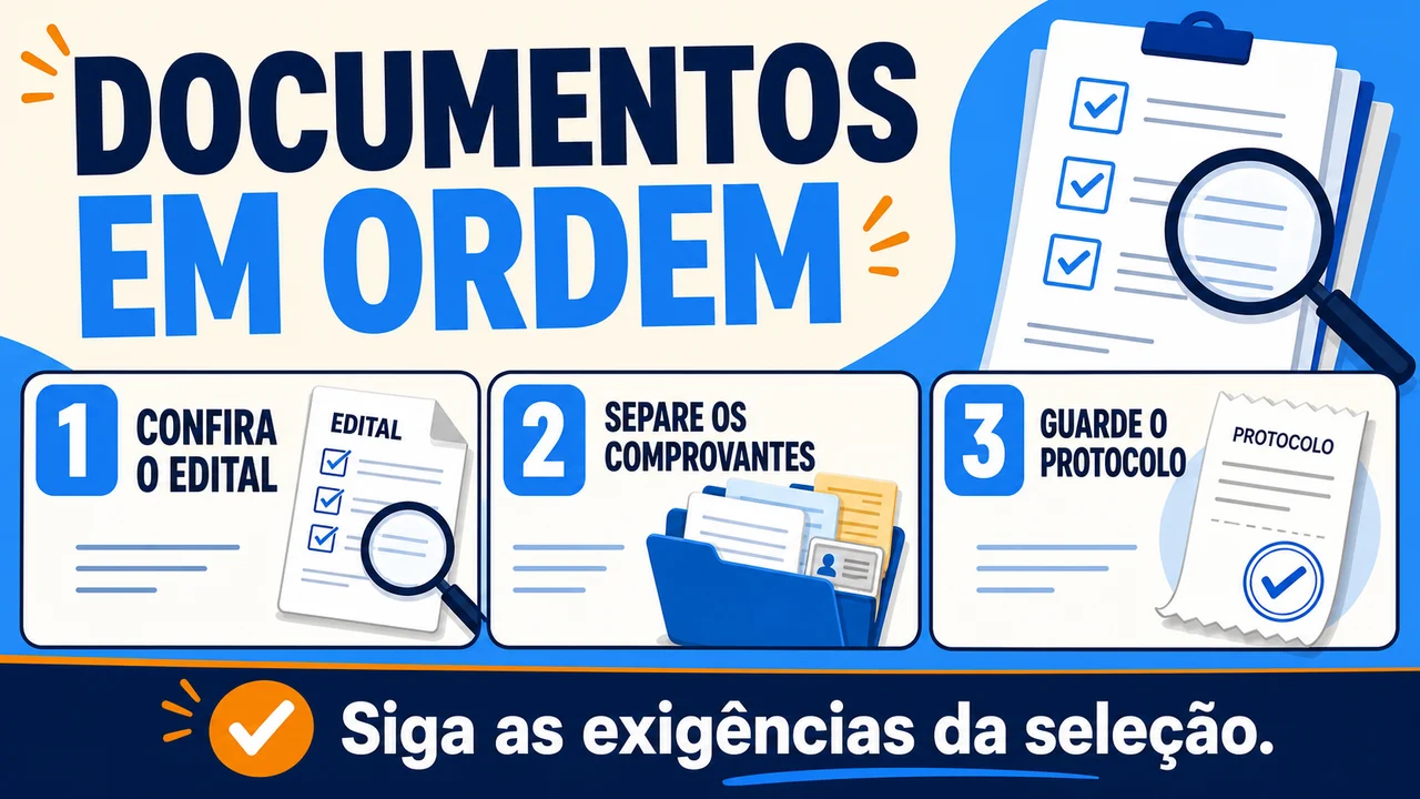 Infográfico: Documentos em ordem: confira o edital, separe os comprovantes e guarde o protocolo.