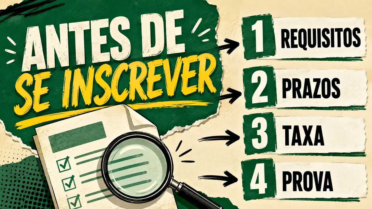 Infográfico: Antes de se inscrever: requisitos, prazos, taxa e prova.