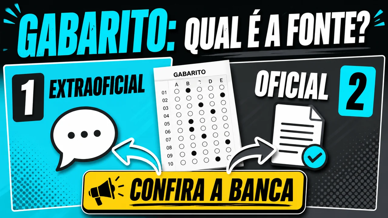 Infográfico: Gabarito: qual é a fonte? Extraoficial e oficial. Confira a banca.