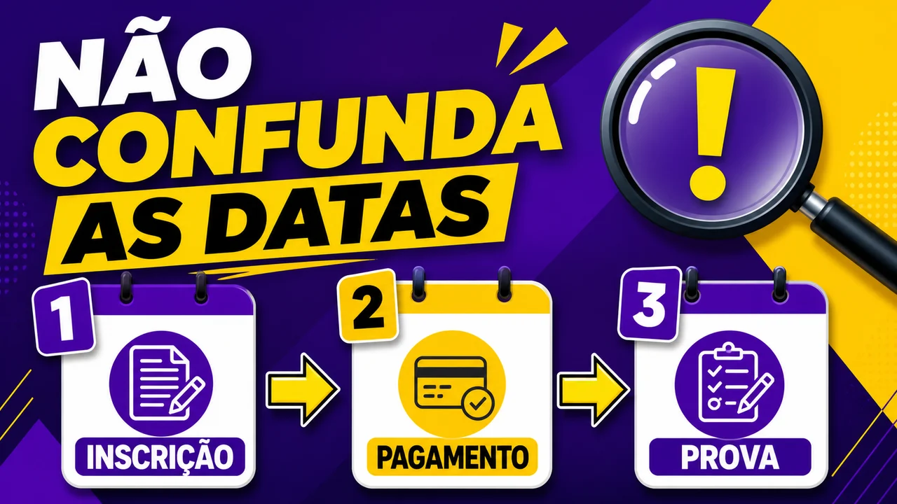 Infográfico: Não confunda as datas: inscrição, pagamento e prova.