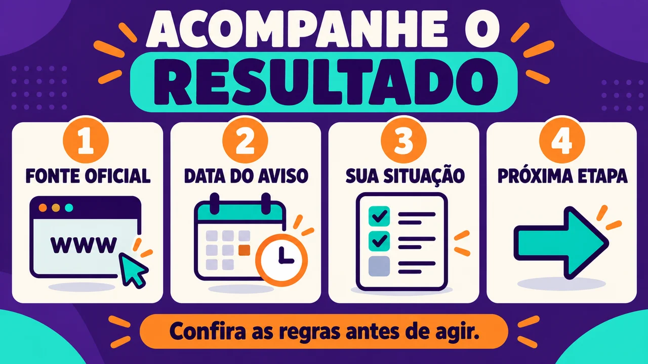 Infográfico: Acompanhe o resultado: fonte oficial, data do aviso, sua situação e próxima etapa.
