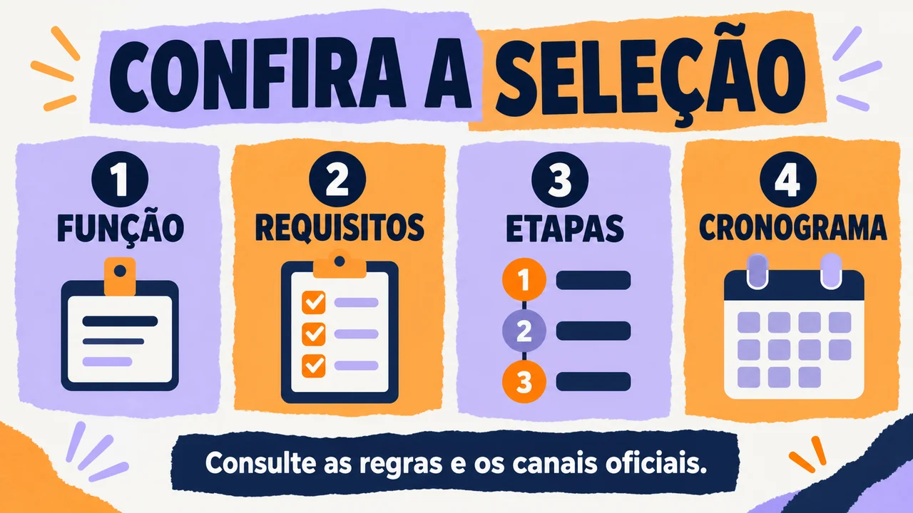 Infográfico: Confira a seleção: função, requisitos, etapas e cronograma.