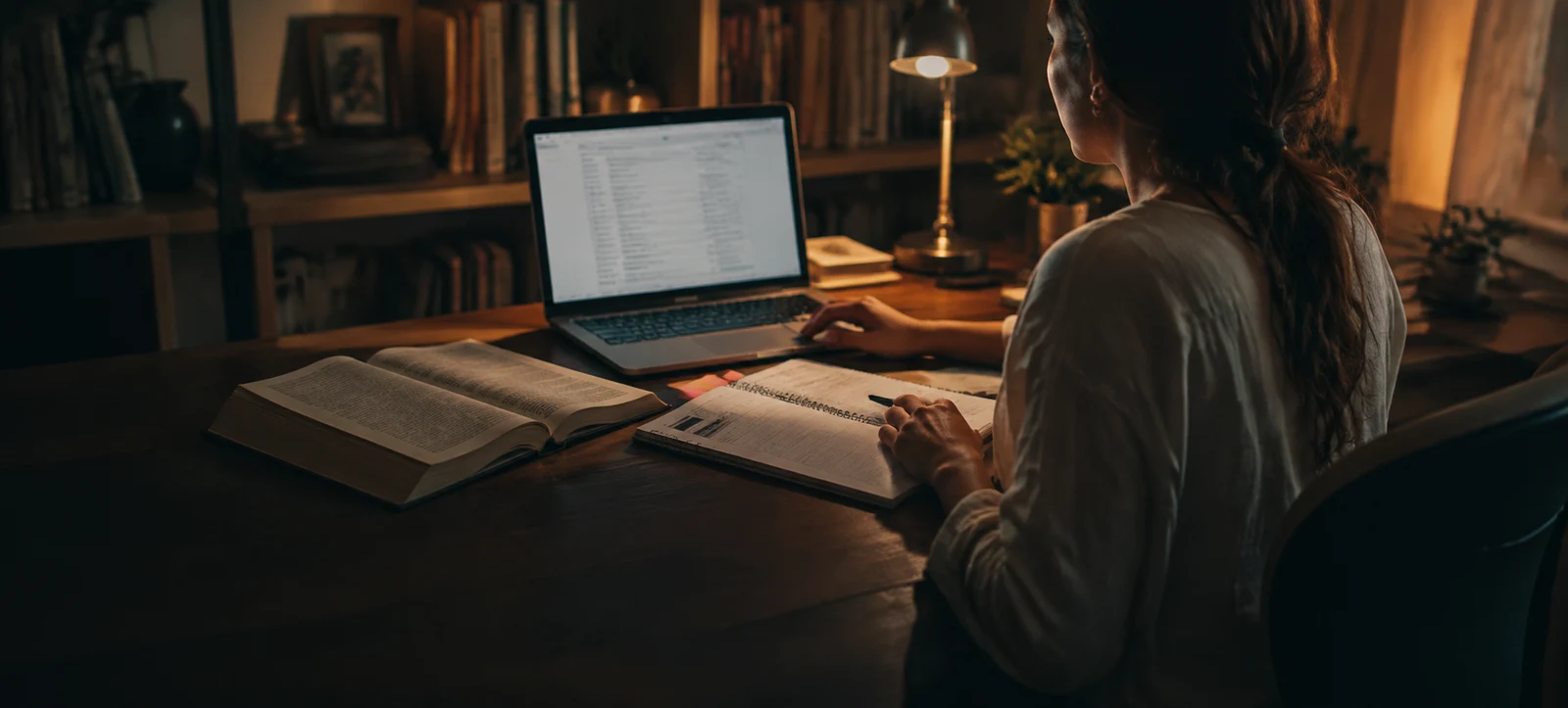 Candidata consulta o computador e organiza os estudos com livros e um caderno
